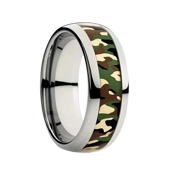 PAMTIER Men's Stainless Steel Camo Rings Camouflage Inlay Outdoor Adventures Style Rugged Tactical Jewelry for Men Size 13