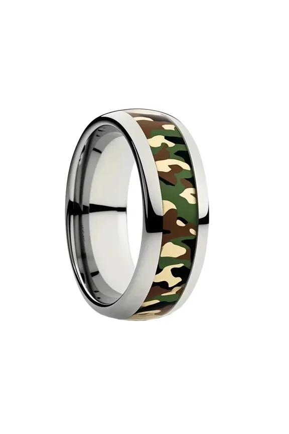 Men's Stainless Steel Camo Rings Camouflage Inlay Outdoor Adventures Style Rugged Tactical Jewelry for Men Size 7