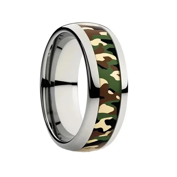 PAMTIER Men's Stainless Steel Camo Rings Camouflage Inlay Outdoor Adventures Style Rugged Tactical Jewelry for Men Size 9