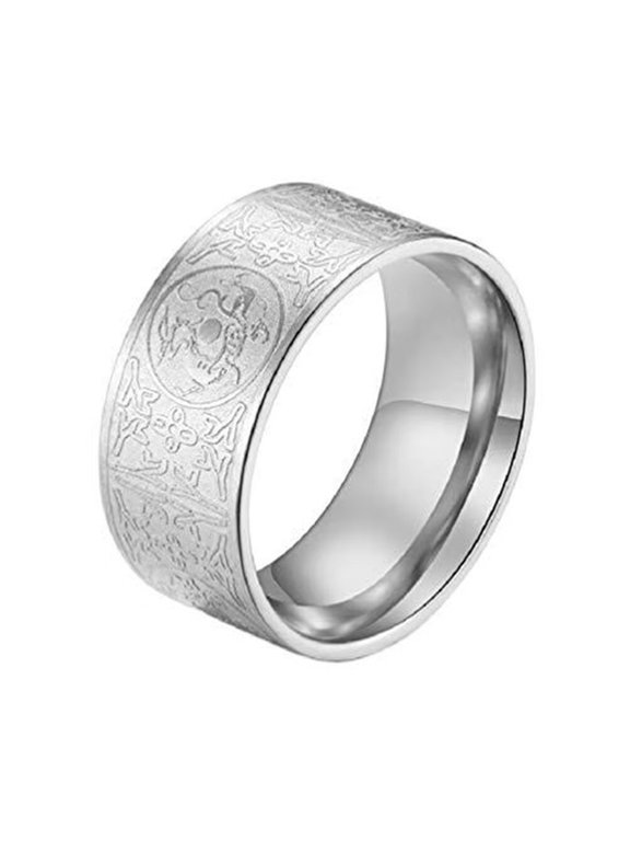 Men's Stainless Steel Chinese Ancient 4 Guardian Beast Dragon White Tiger Suzaku Basalt Amulet Ring Silver Size 6