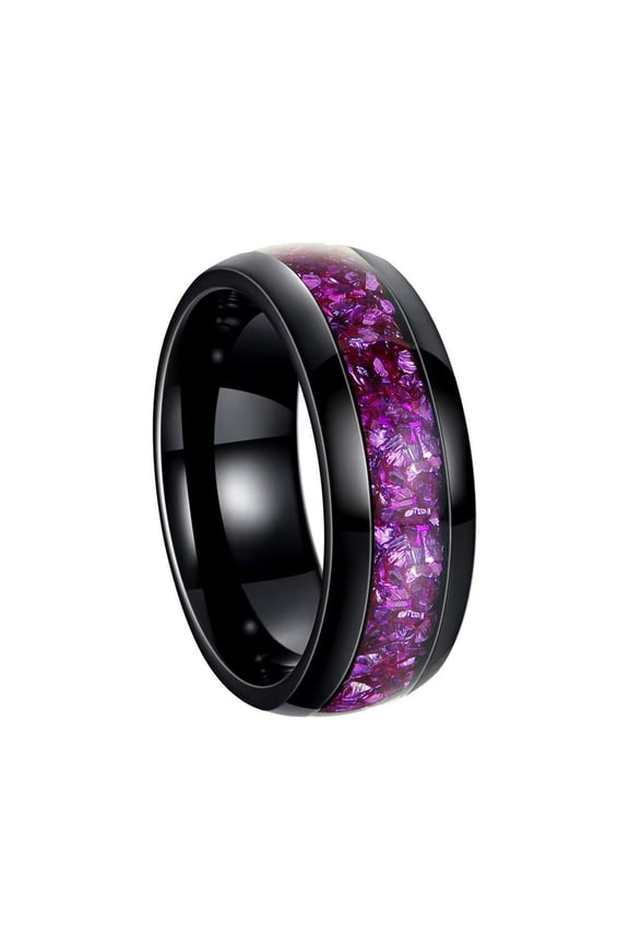 Men's Stainless Steel Classic Dainty Elegant Dome Style Petals Shaped Purple Crystal Inlay Ring Wedding Band Black Size 9