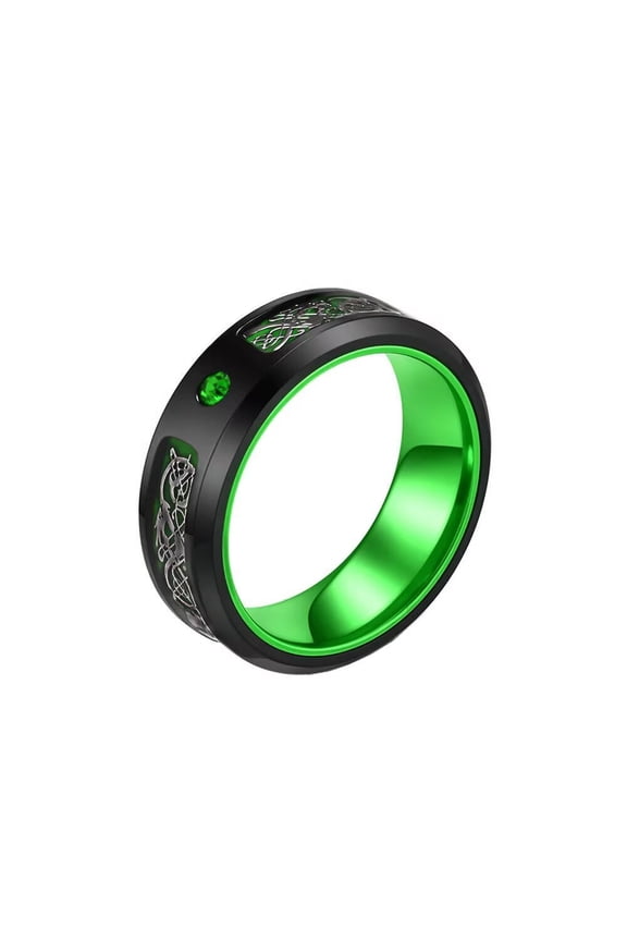 Men's Stainless Steel Cool Personality 8mm Two-Tone Crystal Inlay Creative Sketch Dragon Pattern Carved Ring Beveled Edges Green Size 11