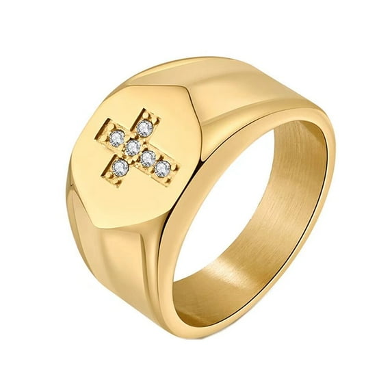 PAMTIER Men's Stainless Steel Cubic Zirconia Inlay Personalized Vintage Cross Prayer Lucky Ring Gold Size 7