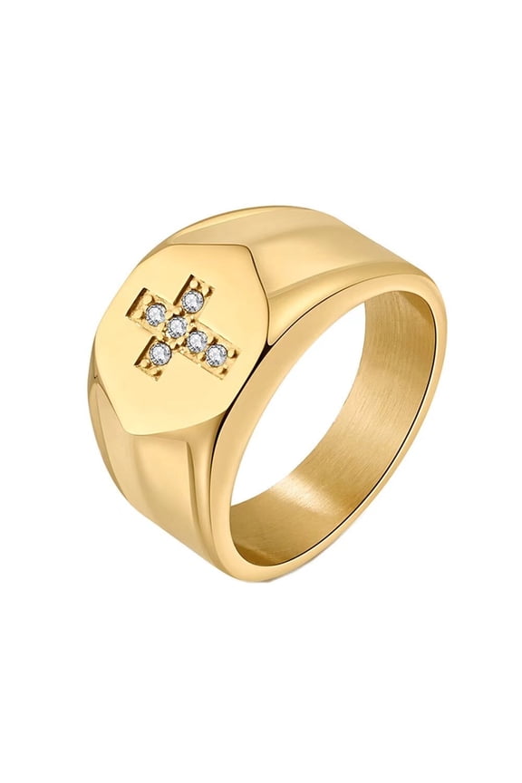 Men's Stainless Steel Cubic Zirconia Inlay Personalized Vintage Cross Prayer Lucky Ring Gold Size 9