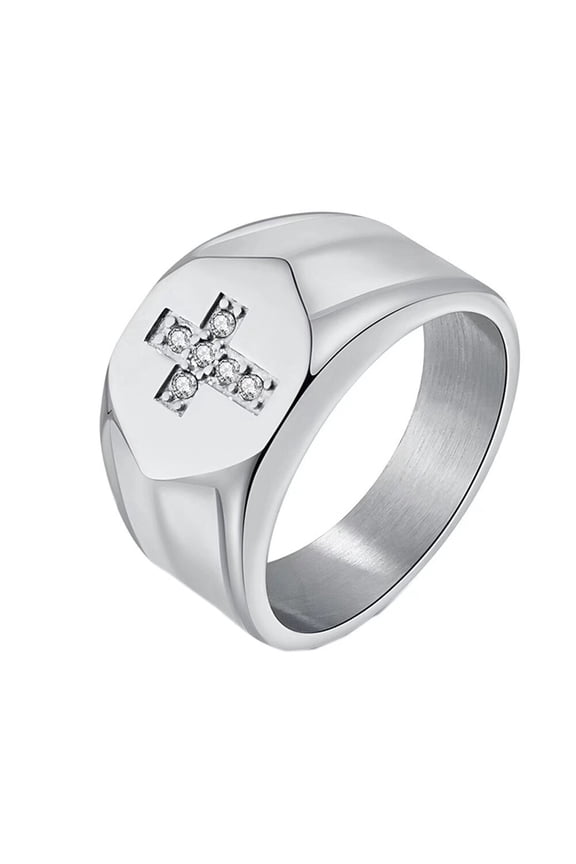 Men's Stainless Steel Cubic Zirconia Inlay Personalized Vintage Cross Prayer Lucky Ring Silver Size 6