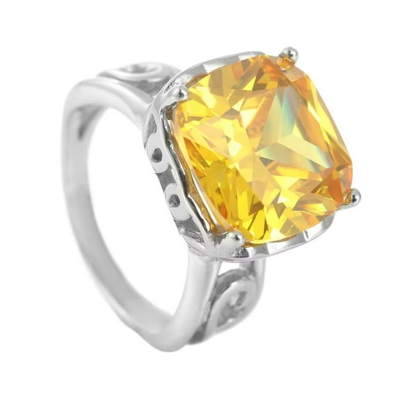 PAMTIER Men's Stainless Steel Dainty Elegant Square Flower Shaped Dragon Claw Crystal Zircon Cut Out Ring Promise Wedding Band Silver Yellow Size 8