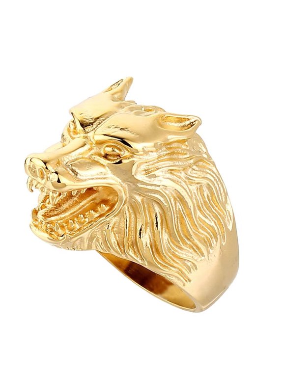 Men's Stainless Steel Domineering Gothic Tribe Roaring Wolf Head Amulet Knight Ring Personality Wolf Totem Vintage Punk Band Gold Size 7