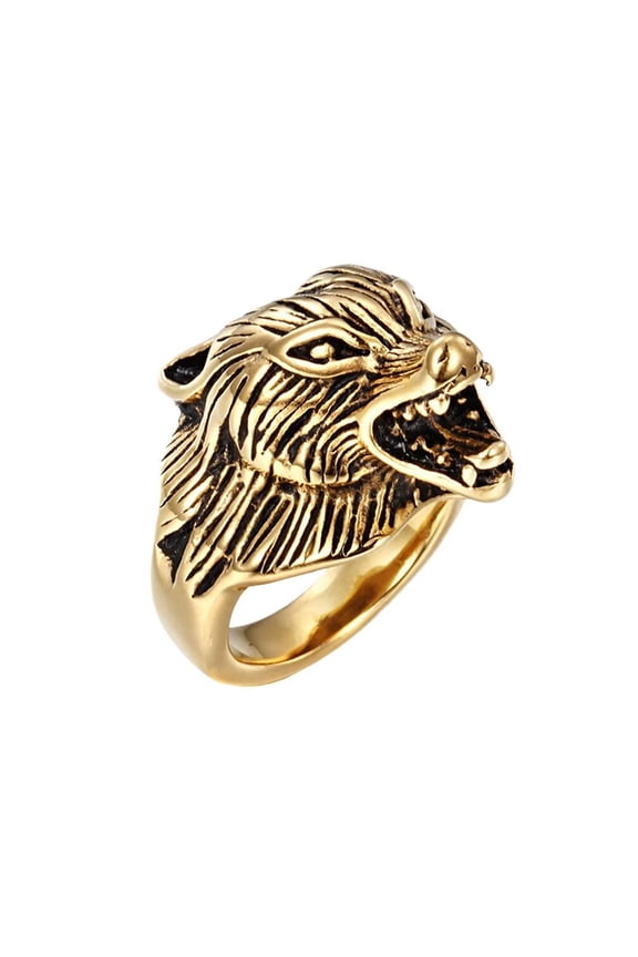 Men's Stainless Steel Domineering Personality Gothic Tribe Roaring Wolf Head Skull Ring Vintage Punk Band Werewolf Totem Gold Size 13