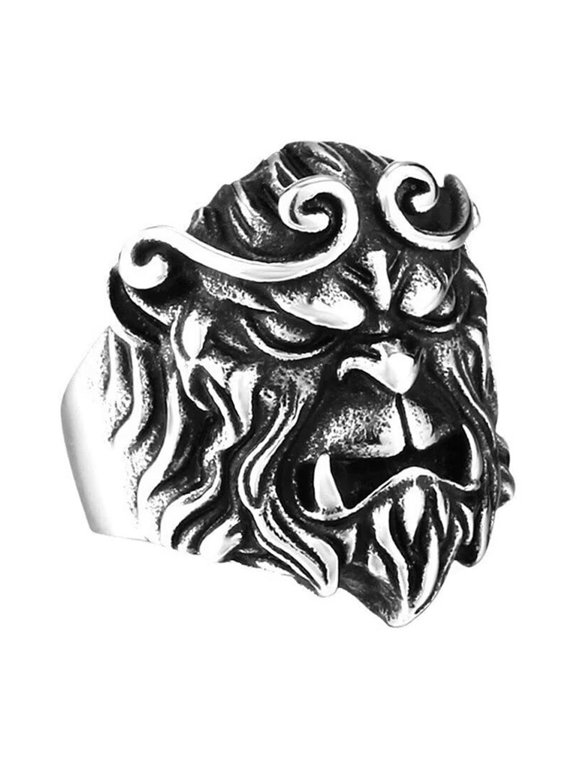 Men's Stainless Steel Domineering Vintage Cool Punk Monkey King Orangutan Golden Hoop Mantra Angry Sun Wukong Biker Ring Silver Size 13