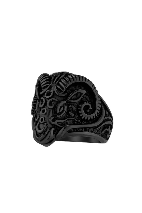 Men's Stainless Steel Domineering Vintage Hip Hop Devil Ghost Ram Goats Sheep Skull Head Biker Ring Black Size 7