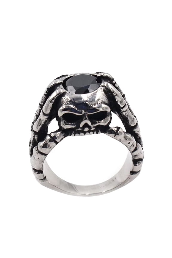 Men's Stainless Steel Dragon Claw Terrible Skull Head Ring with Black Stone Vintage Gothic Biker Punk Rock Silver Black Tone Size 10