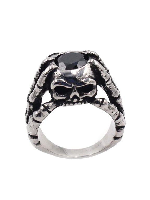 Men's Stainless Steel Dragon Claw Terrible Skull Head Ring with Black Stone Vintage Gothic Biker Punk Rock Silver Black Tone Size 13