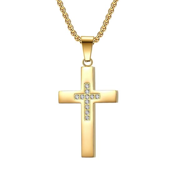 PAMTIER Men's Stainless Steel Glossy Simple Religion Belief Church Prayer Cross Zircon Inlay Amulet Pendant Necklace Statement Gold 23.6" Chain