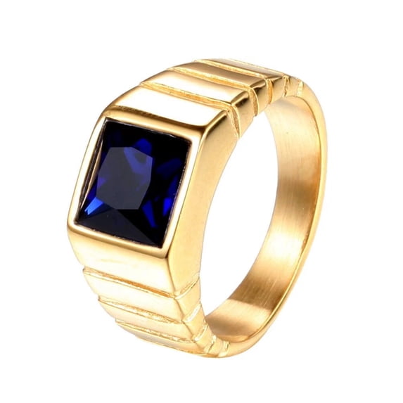 PAMTIER Men's Stainless Steel Gold Plated Minimalism Jewelry Square Blue Gemstone Wedding Ring European and American Style Size 13