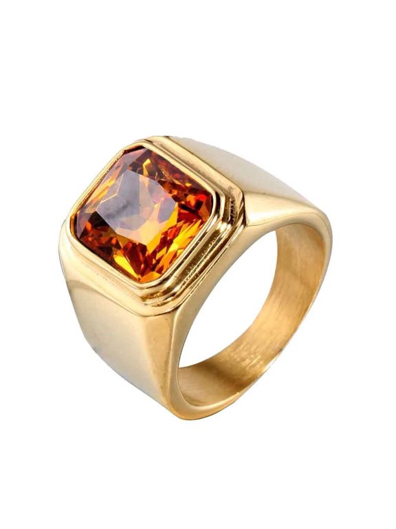 Men's Stainless Steel Gold Plated Ring with Square Orange Gem Stone Size 6