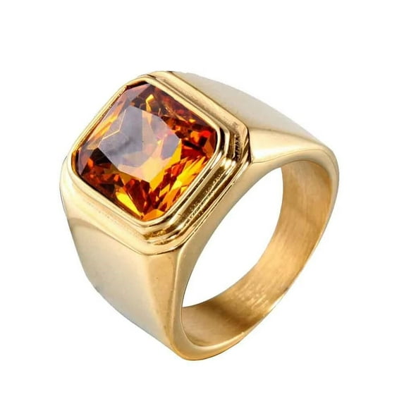 PAMTIER Men's Stainless Steel Gold Plated Ring with Square Orange Gem Stone Size 8
