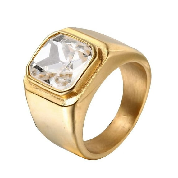 PAMTIER Men's Stainless Steel Gold Plated Ring with Square White Gem Stone Size 13