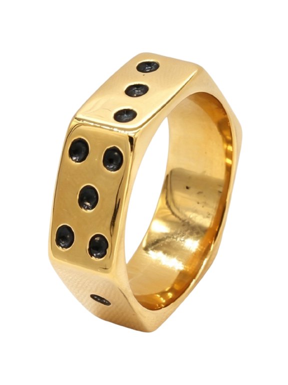 Men's Stainless Steel Hexagon Dice Rings Unique Polished Band with Black Dot Inlay, Lucky style Statement Jewelry for Daily Wear Gold Size 7