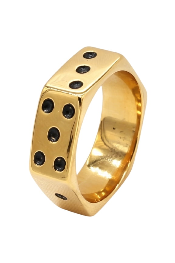 Men's Stainless Steel Hexagon Dice Rings Unique Polished Band with Black Dot Inlay, Lucky style Statement Jewelry for Daily Wear Gold Size 9