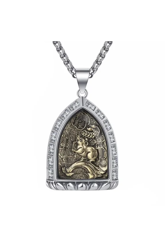 Men's Stainless Steel Hip Hop Lotus Flower Pattern 12 Chinese Zodiac Signet Pendant Necklace Crystal Inlay Amulet Horoscopes Jewelry Rat