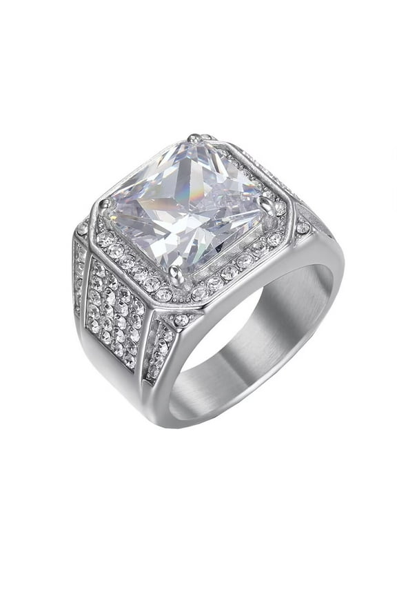 Men's Stainless Steel Hip Hop Punk Big Cubic Zirconia Ring Silver Size 7