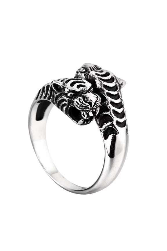 Men's Stainless Steel Hip Hop Punk Vintage Animal Double Tiger Head Biker Ring Silver Size 11