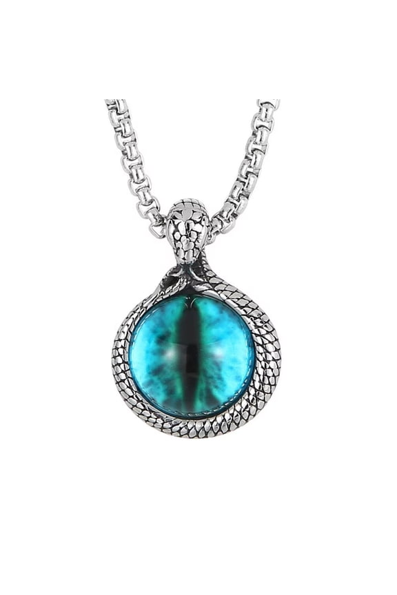 Men's Stainless Steel Hip Hop Vintage Blue Gemstone Evil Eye Gothic Demon Skull Head Snake Wrap Pendant Necklace Silver with Chain