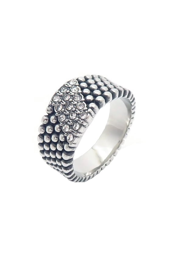 Men's Stainless Steel Hip Hop Vintage Simple Rhinestone Crystal Inlay 5 Rows Ballpoint Shaped Ring Silver Size 9