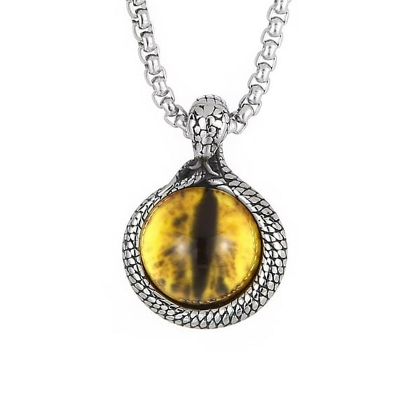PAMTIER Men's Stainless Steel Hip Hop Vintage Yellow Gemstone Evil Eye Gothic Demon Skull Head Snake Wrap Pendant Necklace Silver with Chain