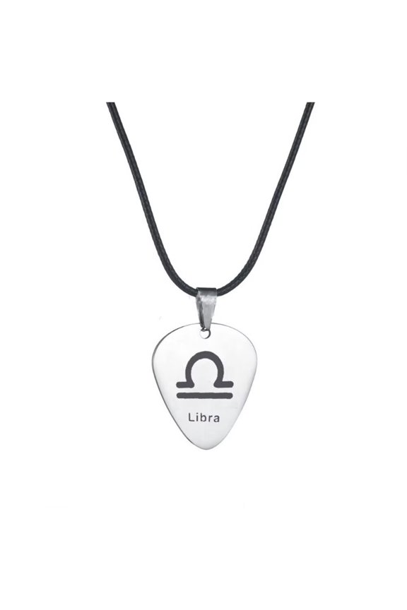 Men's Stainless Steel Jewelry Creative Zodiac Sign Guitar Plectrum Pendant Necklace Horoscope Jewelry Silver Black Libra