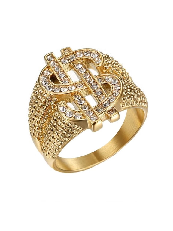 Men's Stainless Steel Jewelry Cubic Zirconia Inlay Hip Hop Punk Dollar Sign Ring Gold Size 10