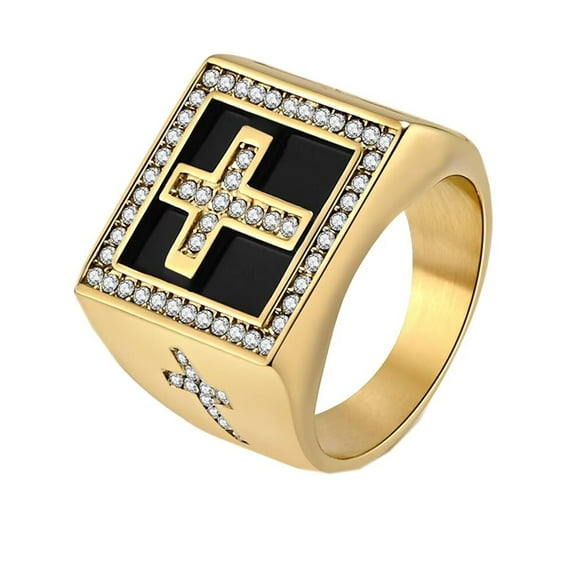PAMTIER Men's Stainless Steel Jewelry Hip Hop Micro Pave CZ Enamel Cross Ring Gold Size 7