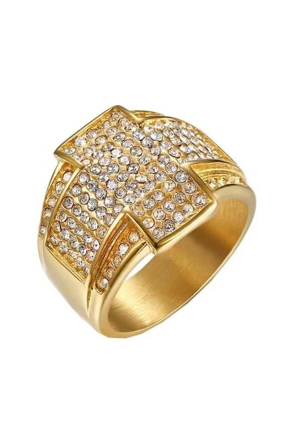 Men's Stainless Steel Jewelry Vintage Hip Hop Trendy Micro Pave CZ Cross Ring Gold Size 11