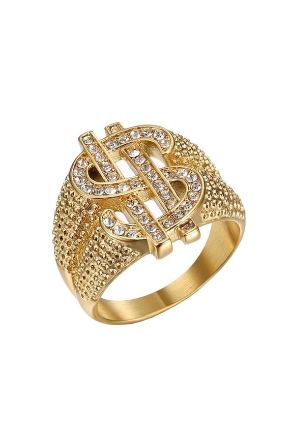 Men's Stainless Steel Non-mainstream Hip Hop Iced Out Micro-Pave Zircon Inlay Dollar Sign Biker Ring Symbol Statement Band Size 11