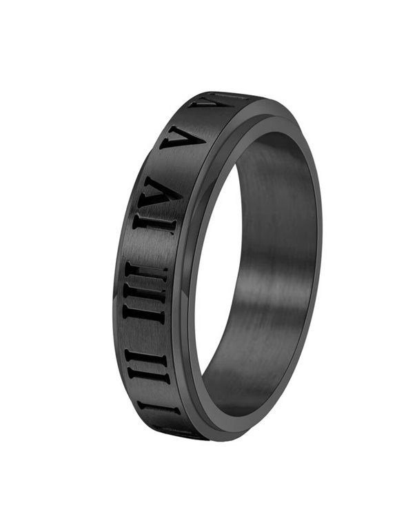Men's Stainless Steel Personality Cool Hip Hop Cut Out 6mm Thin Stackable Roman Numerals Rotatable Ring Anxiety Band Black Size 12