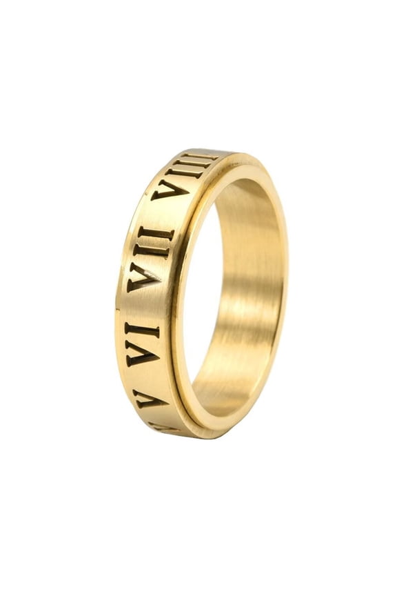 Men's Stainless Steel Personality Cool Hip Hop Cut Out 6mm Thin Stackable Roman Numerals Rotatable Ring Anxiety Band Gold Size 10