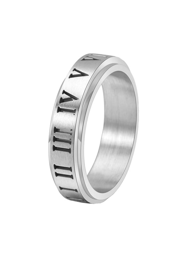 Men's Stainless Steel Personality Cool Hip Hop Cut Out 6mm Thin Stackable Roman Numerals Rotatable Ring Anxiety Band Silver Size 6