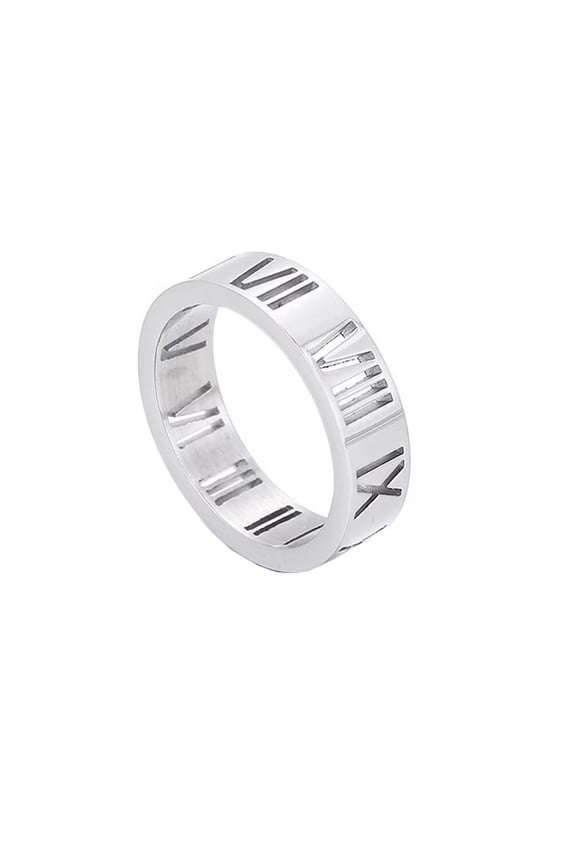 Men's Stainless Steel Personality Hip Hop Cut Out 6mm Thin Stackable Roman Numerals Signet Ring Wedding Band Silver Size 10