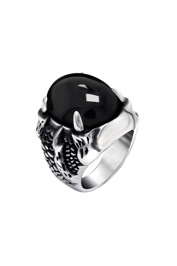 Men's Stainless Steel Personality Hip Hop Skull Skeleton 6 Claw Gothic Oval Gemstone Inlay Dragon Pattern Carved Biker Ring Black Size 8