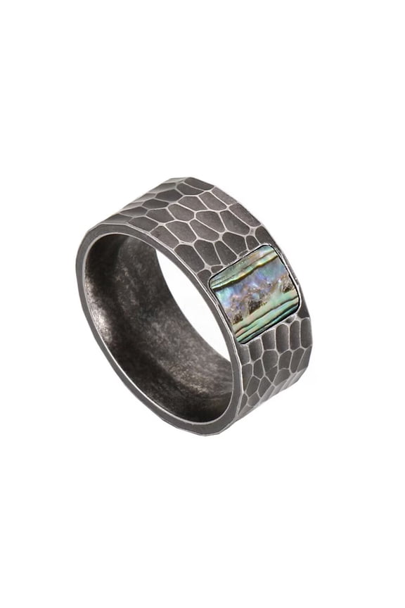 Men's Stainless Steel Personality Retro Devil Skull Honeycomb Hammering Pattern Biker Ring Rainbow Abalone Shell Inlay Ancient Silver Size 9