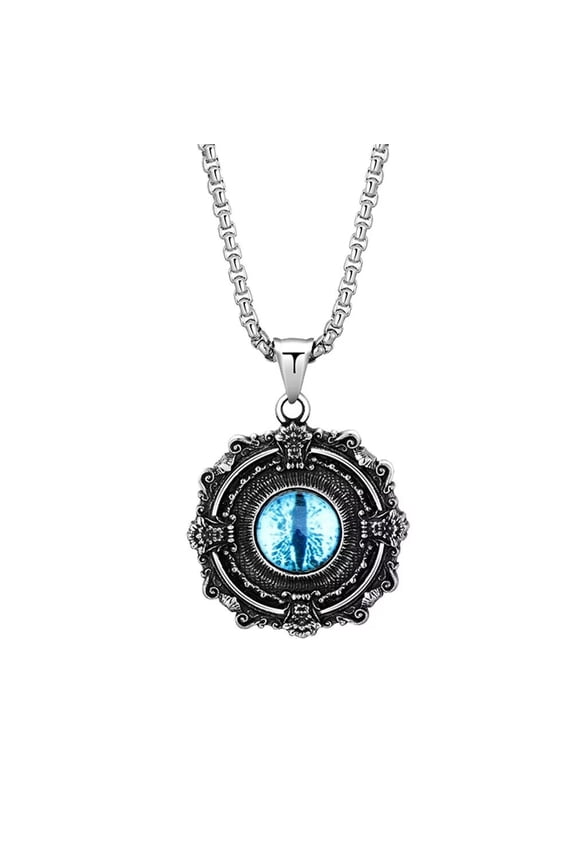 Men's Stainless Steel Personality Retro Flower Pattern Round Demon Devil's Eye Blue Gemstone Pendant Necklace, Hip Hop Punk Free Chain
