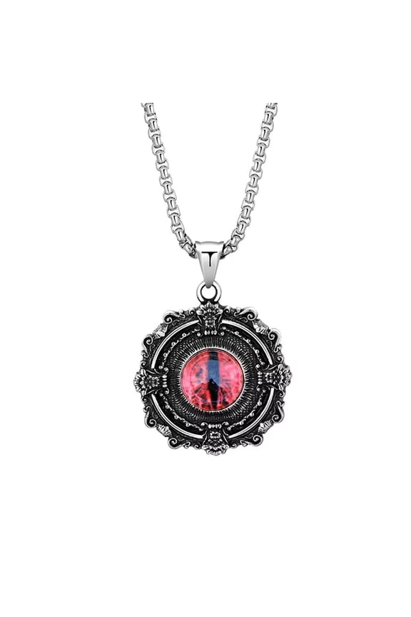 Men's Stainless Steel Personality Retro Flower Pattern Round Demon Devil's Eye Red Gemstone Pendant Necklace, Hip Hop Punk Free Chain