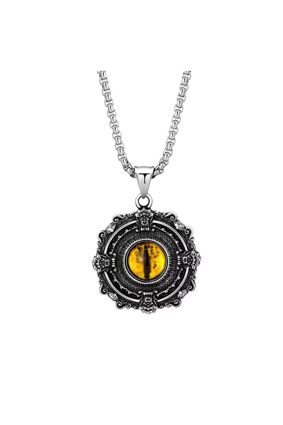 Men's Stainless Steel Personality Retro Flower Pattern Round Demon Devil's Eye Yellow Gemstone Pendant Necklace, Hip Hop Punk Free Chain