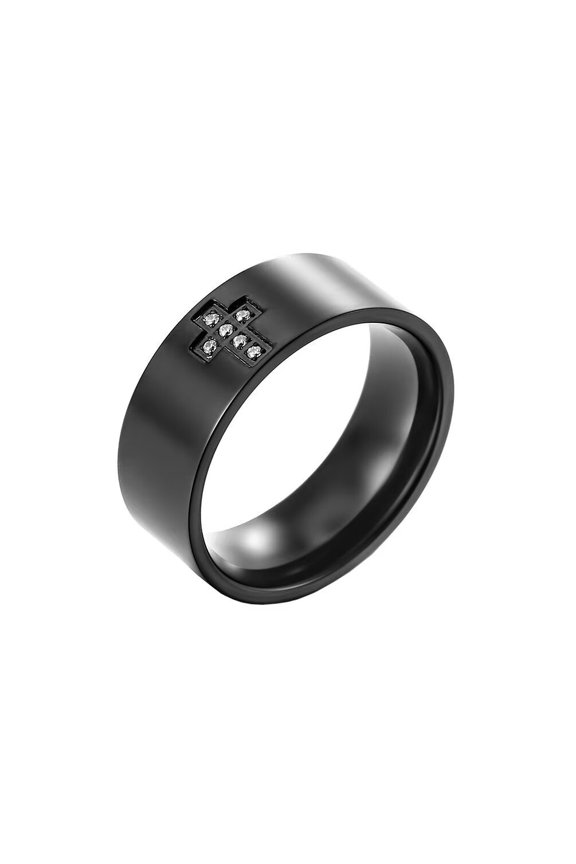 Men's Stainless Steel Personality Simple Hip Hop Church Cross Iced Out Crystal Zircon Inlay Biker Ring Couple Wedding Band Black Size 7