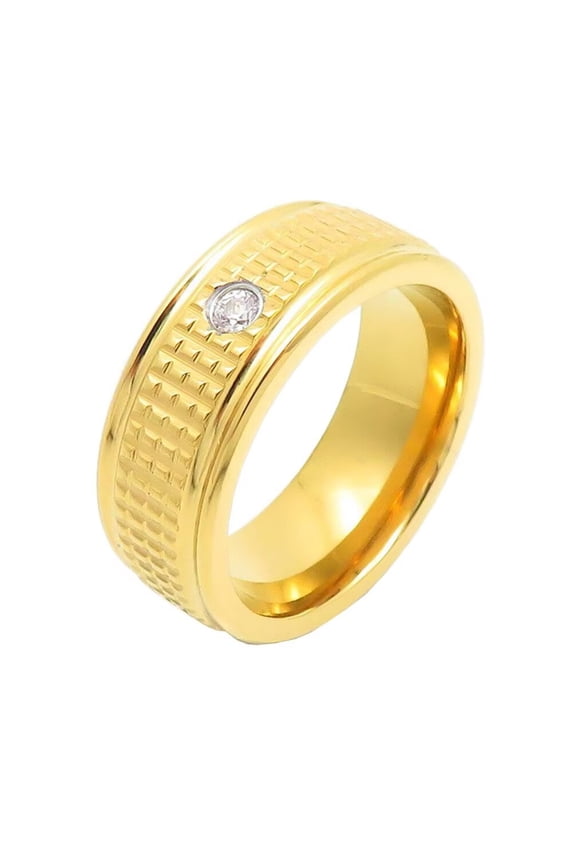 Men's Stainless Steel Personality Simple Solitaire Crystal Inlay Checkered Pattern Biker Ring Wedding Band Gold Size 8