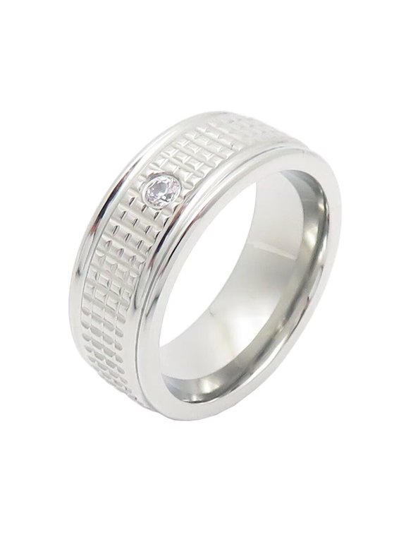 Men's Stainless Steel Personality Simple Solitaire Crystal Inlay Checkered Pattern Biker Ring Wedding Band Silver Size 8