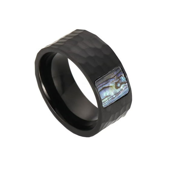 PAMTIER Men's Stainless Steel Personality Vintage Devil Skull Honeycomb Hammering Pattern Biker Ring Rainbow Abalone Shell Inlay Black Size 12