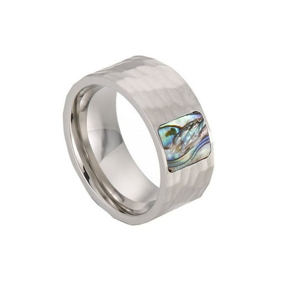 PAMTIER Men's Stainless Steel Personality Vintage Devil Skull Honeycomb Hammering Pattern Biker Ring Rainbow Abalone Shell Inlay Silver Size 7