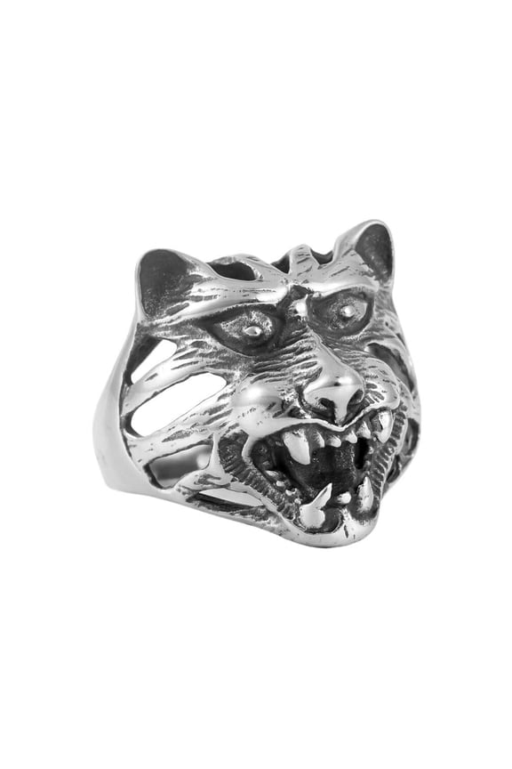 Men's Stainless Steel Personality Vintage Hip Hop Cut Out Devil Scary Roaring Wolf Head Skull Biker Ring Silver Size 11