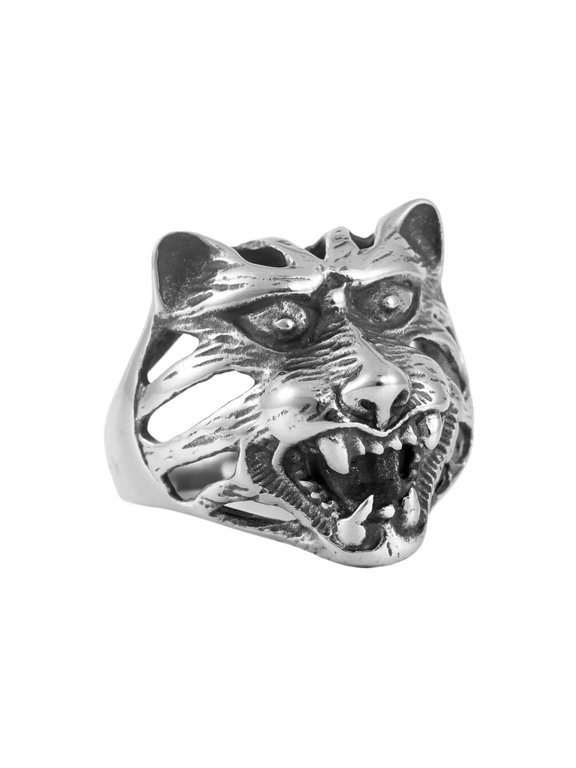 Men's Stainless Steel Personality Vintage Hip Hop Cut Out Devil Scary Roaring Wolf Head Skull Biker Ring Silver Size 13